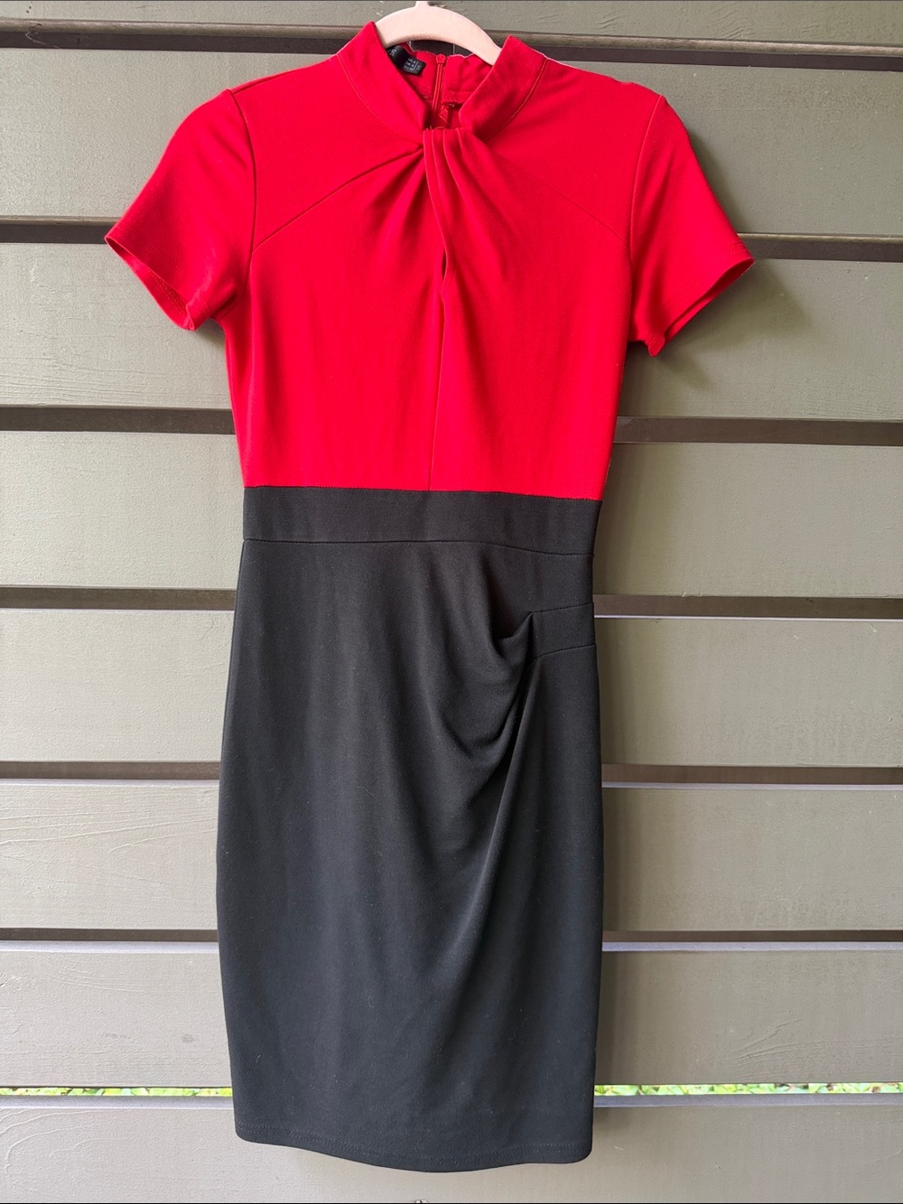 Red and Black Midi Dress with Twisted Neck Detail
